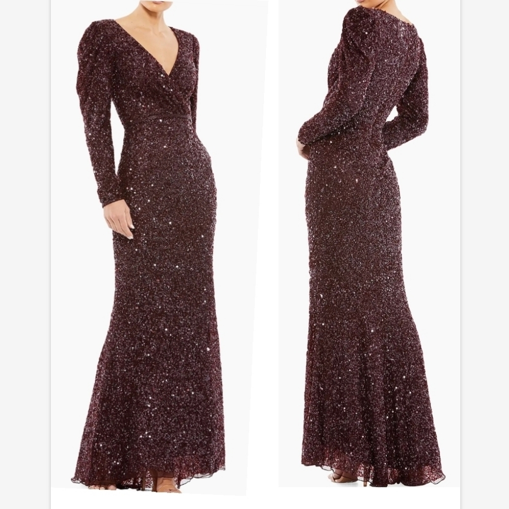 NWT Mac Duggal Sequined Deep V-Neck Sequin Long Sleeve Dress Mahongany Sz 4